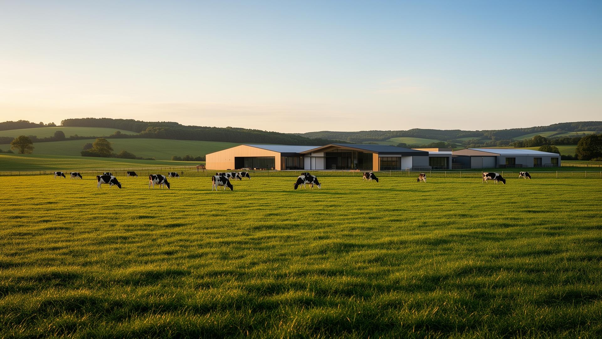 Moderner landwirtschaftlicher Betrieb mit Stall und Weidefläche im Abendlicht